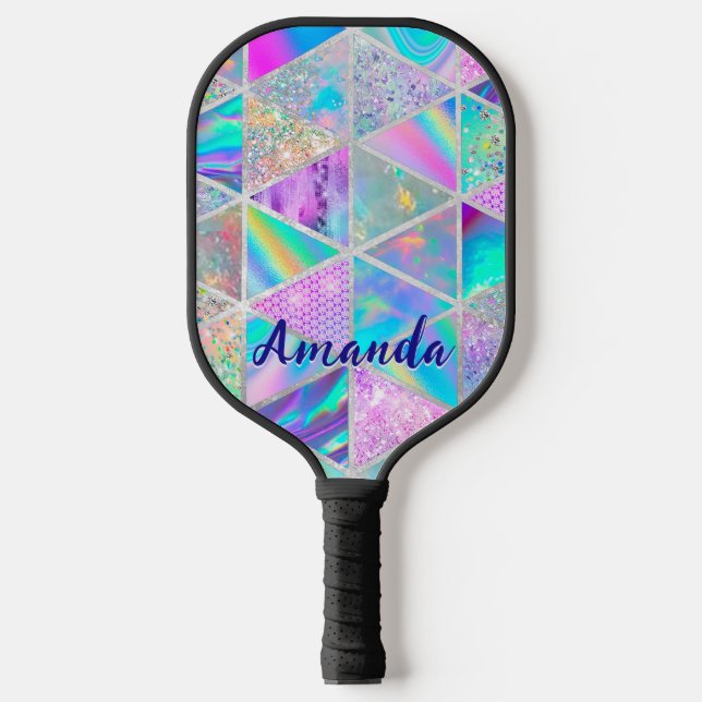 Raquette De Pickleball Elégant holographique tendance faux argent géométr (Recto)