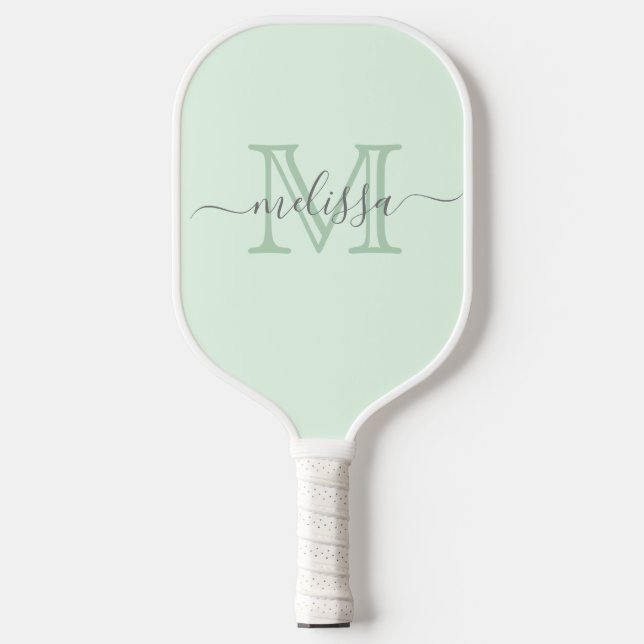 Raquette De Pickleball Élégant Mint vert Nom minimal et Monogramme (Recto)
