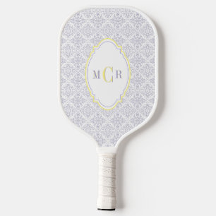 Raquette De Pickleball Élégant monogramme à motif damassé bleu jaune fran