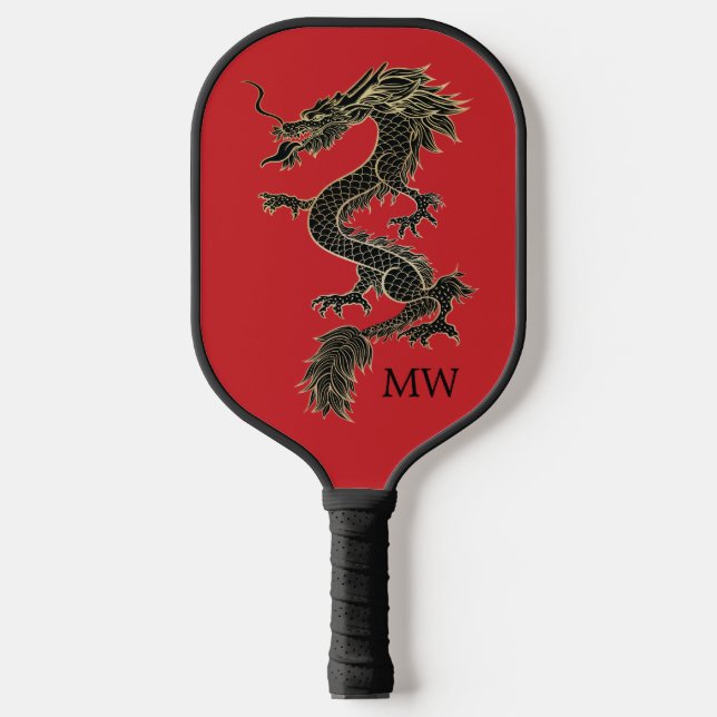 Raquette De Pickleball Élégant Monogramme de dragon d'or chinois rouge (Recto)