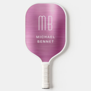 Raquette De Pickleball Élégant Monogramme Faux Rose brossé Métallique