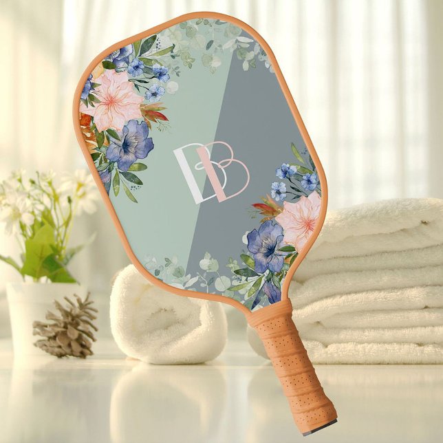 Raquette De Pickleball Élégant Monogramme floral bleu rose Dusty (Créateur téléchargé)
