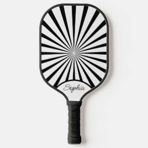 Raquette De Pickleball Élégant Motif Sunburst Nom personnalisé Noir Blanc