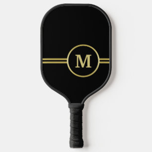 Raquette De Pickleball Élégant or Monogramme personnalisé sur noir