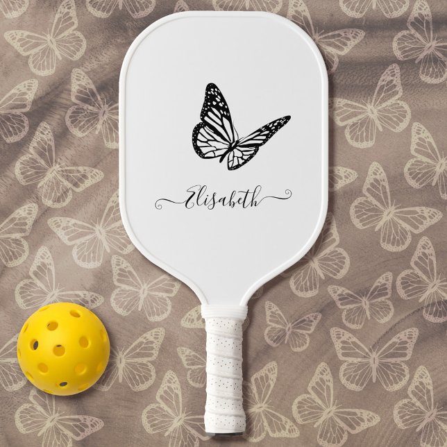 Raquette De Pickleball Élégant Papillon mignon Simple Noir et Blanc Nom (Créateur téléchargé)