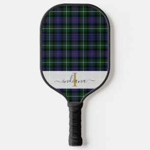 Raquette De Pickleball Élégant Plaid Monogramme Script Tartan