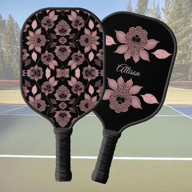 Raquette De Pickleball Élégant rose sur dentelle noire dans le style vint (Créateur téléchargé)