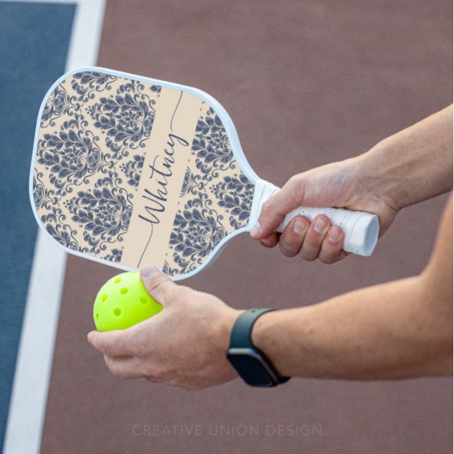 Raquette De Pickleball Élégant Royal Blue Damask Floral (Personalized Pickleball Paddle)