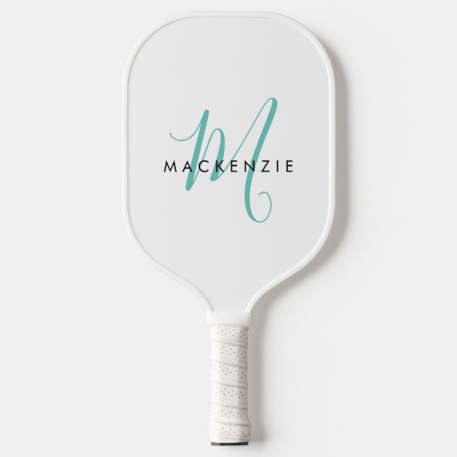 Raquette De Pickleball Élégant Turquoise de script blanc moderne Monogram (Recto)