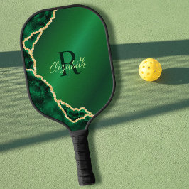 Raquette De Pickleball Élégant vert émeraude et noir Agate Monogramme