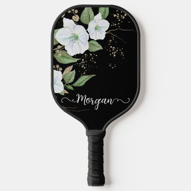 Raquette De Pickleball Elégante aquarelle florale Noir Gold Nom du script (Recto)