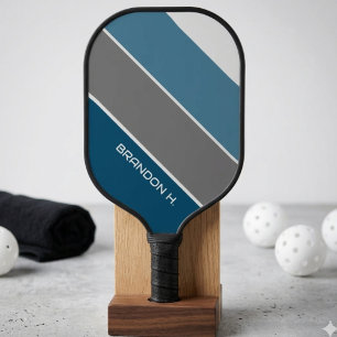 Raquette De Pickleball Élégante Art Moderne Foncé Sarcelle Bleu Gris Rayu