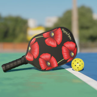 Raquette De Pickleball Élégante Fleurs de pavot rouge Nom Floral Noir