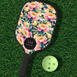 Raquette De Pickleball Elégante pivoine aquarelle sur monogramme noir