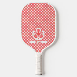 Raquette De Pickleball En vichy rouge avec tête de tigre rouge et nom