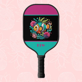 Raquette De Pickleball Faux Broderie Tropical Poisson bleu rose Monogramm