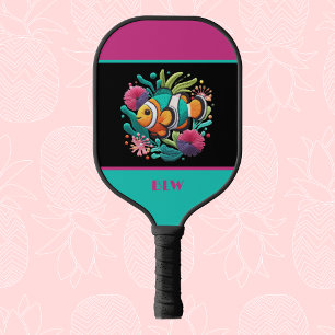 Raquette De Pickleball Faux Broderie Tropical Poisson bleu rose Monogramm