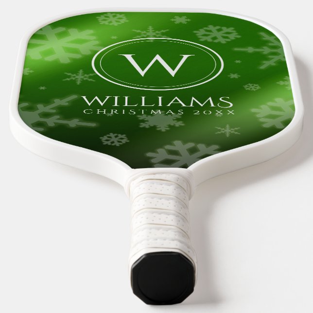 Raquette De Pickleball Festif Green Foil Snowflakes Nom du monogramme (Poser)