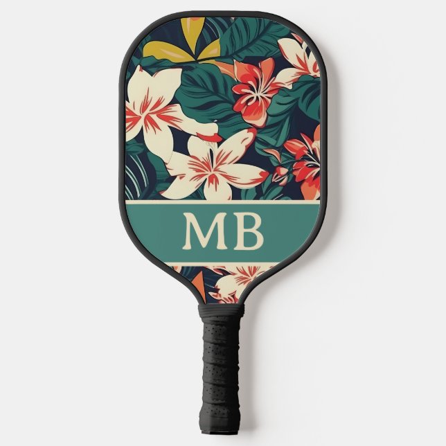 Raquette De Pickleball Feuilles tropicaux rétro Fleurs Monogrammes Initia (Verso)