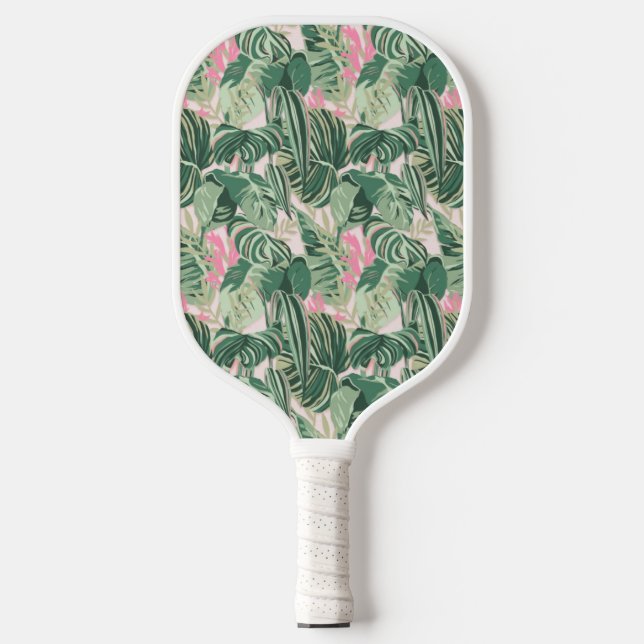 Raquette De Pickleball Feuilles tropicaux verts et roses (Recto)