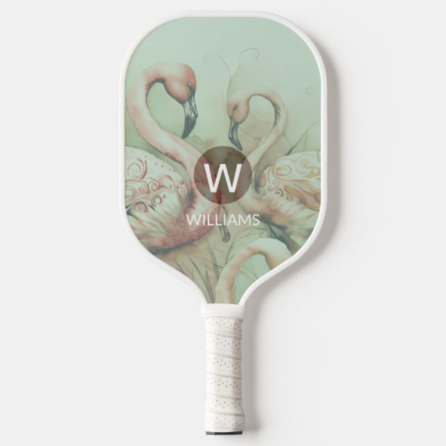 Raquette De Pickleball Flamant rose Monogramme personnalisé (Recto)
