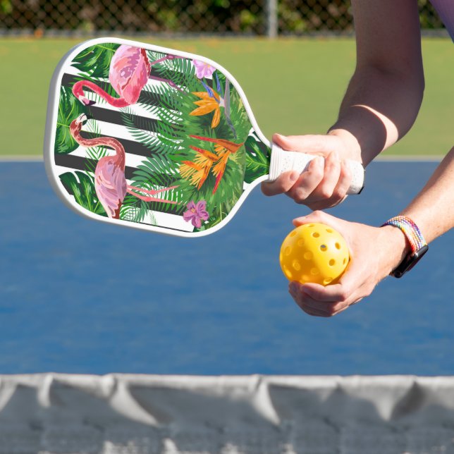 Raquette De Pickleball Flamant rose rose Fleurs tropicales Blancs noirs (Insitu)
