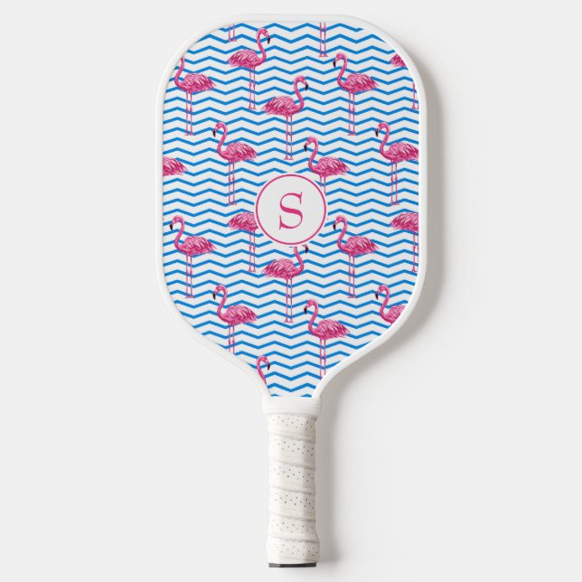 Raquette De Pickleball Flamants roses rose amusant Bleu et blanc Motif Ch (Recto)