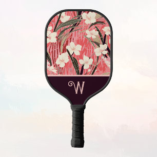 Raquette De Pickleball Fleur asiatique rose pêche blanc chinoiserie monog