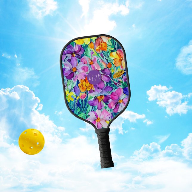 Raquette De Pickleball Fleur sauvage Floral Élégant Initiales Monogramme (Créateur téléchargé)