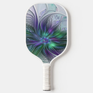 Raquette De Pickleball Fleuron vert violet Moderne Art Abstrait Initiales
