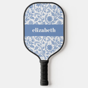 Raquette De Pickleball Fleurs botaniques bleues et blanches Nom personnal