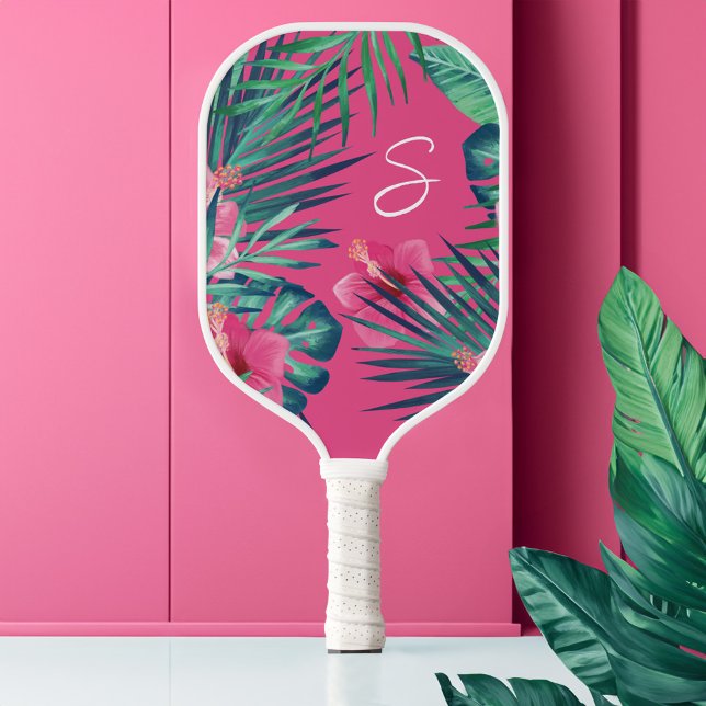 Raquette De Pickleball Fleurs d'Hibiscus rose Monogramme de feuille de pa (Pink Hibiscus Flowers Tropical Palm Leaf Monogram Pickleball Paddle)