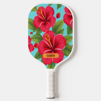 Raquette De Pickleball Fleurs d'Hibiscus sur l'Arrière - plan bleu ciel