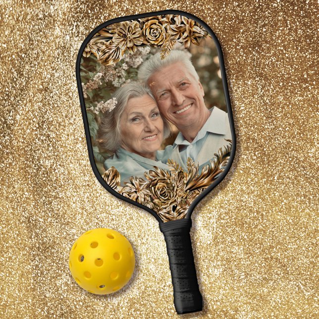 Raquette De Pickleball Fleurs d'or de luxe Elégant Chic Classy Noir (Créateur téléchargé)
