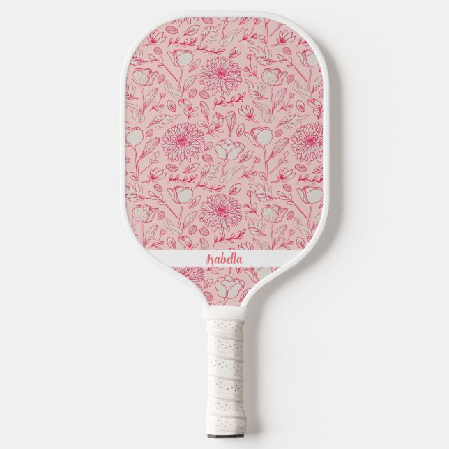 Raquette De Pickleball Fleurs florales roses mignonnes Nom personnalisé (Recto)