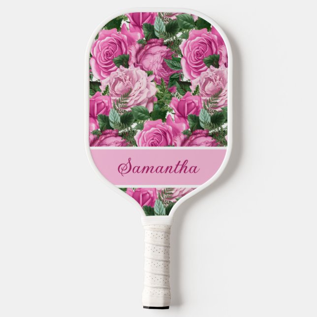 Raquette De Pickleball Fleurs florales roses Roses Nom Script (Verso)