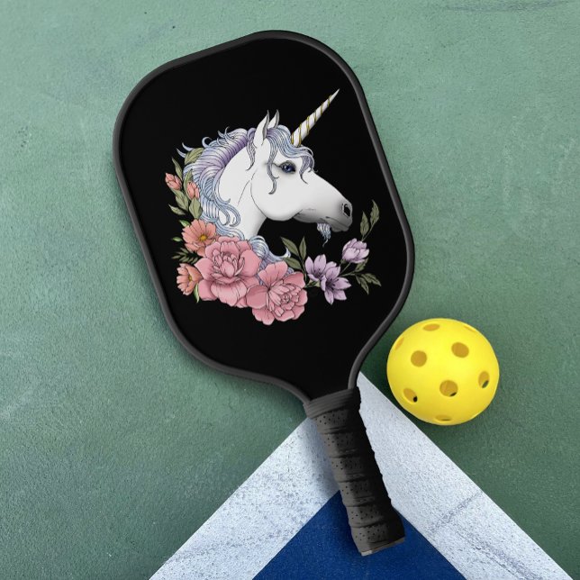 Raquette De Pickleball Fleurs Unicorne Blanches Rose Noir (Créateur téléchargé)