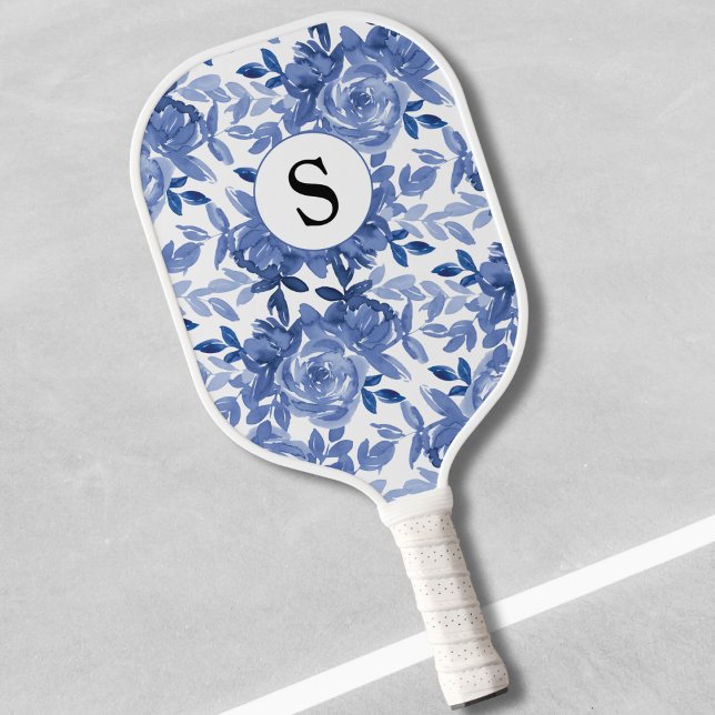 Raquette De Pickleball Floral bleu monogramme (Créateur téléchargé)