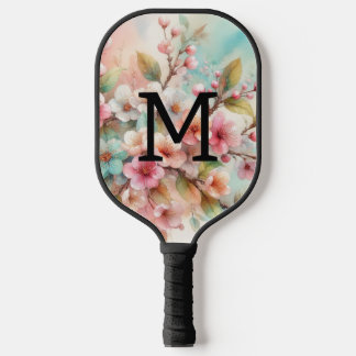 Raquette De Pickleball Floral watercolor monogram pink cherry blossoms 