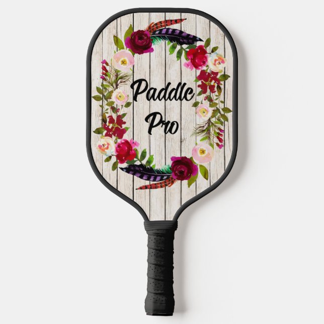 Raquette De Pickleball Floraux Bourgogne, Plumes, Wood 2 Paddle Pro (Verso)