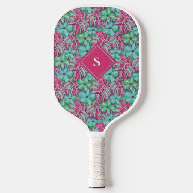 Raquette De Pickleball Flore rose pâle et verte rétro (Recto)