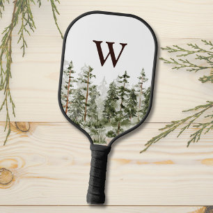 Raquette De Pickleball Forêt Verte Rustique Aquarelle Monogramme