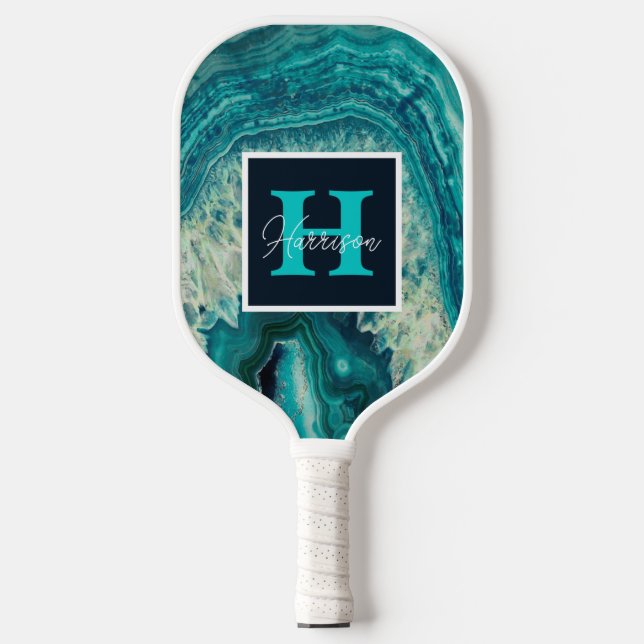 Raquette De Pickleball Géode Agate Bleu Monogramme et nom Personnalisé (Recto)