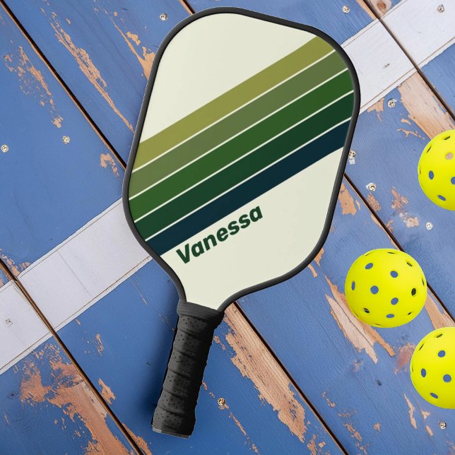 Raquette De Pickleball Green Retro cinq rayées avec nom (Créateur téléchargé)