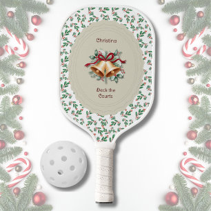 Raquette De Pickleball Houx de Noël élégant blanc et cloches de picklebal