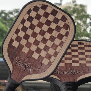 Raquette De Pickleball Imitation de marqueterie en damier avec nom