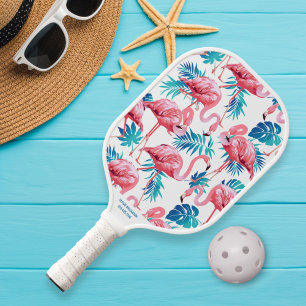 Raquette De Pickleball Imprimé de Palme de Flamant Tropical Nom Personnal