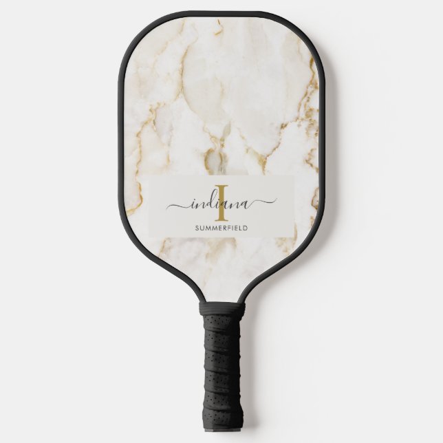 Raquette De Pickleball Initiale de monogramme nom marbre script (Recto)