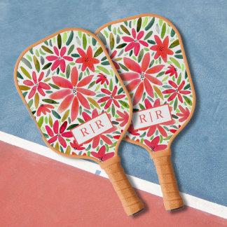 Raquette De Pickleball Joli Monogramme esthétique Initiale Flore Rouge