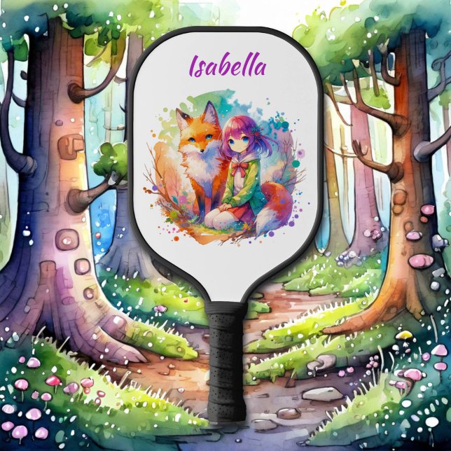 Raquette De Pickleball Jolie aquarelle Anime Girl et Fox (Créateur téléchargé)